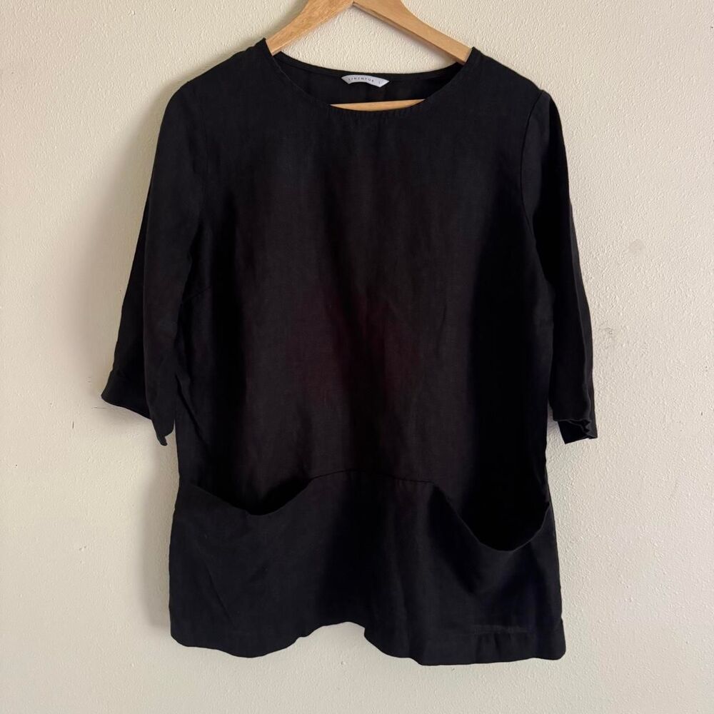 Linenfox Black 100% Linen Tunic Top L Oversized Smock Lagenlook Pockets